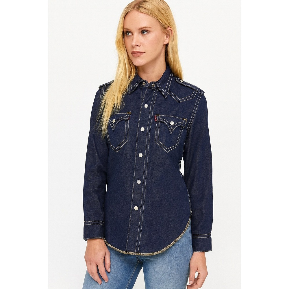 Vintage 2002‎ Levi's Type 1 Denim Shirt Wester  Snap Long Sleeve Dark Wash sz S
